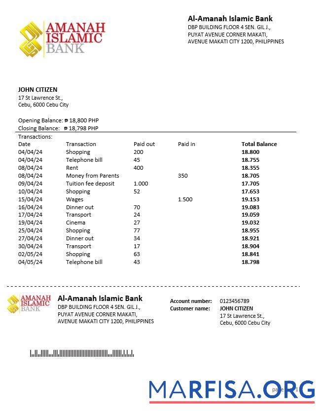 Blank Philippines Al Amanah Islamic Investment bank statement word download for verification